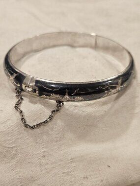 VINTAGE 1950s Siam Sterling Silver Niello Enamel 4 Scene Bangle 18.2g
